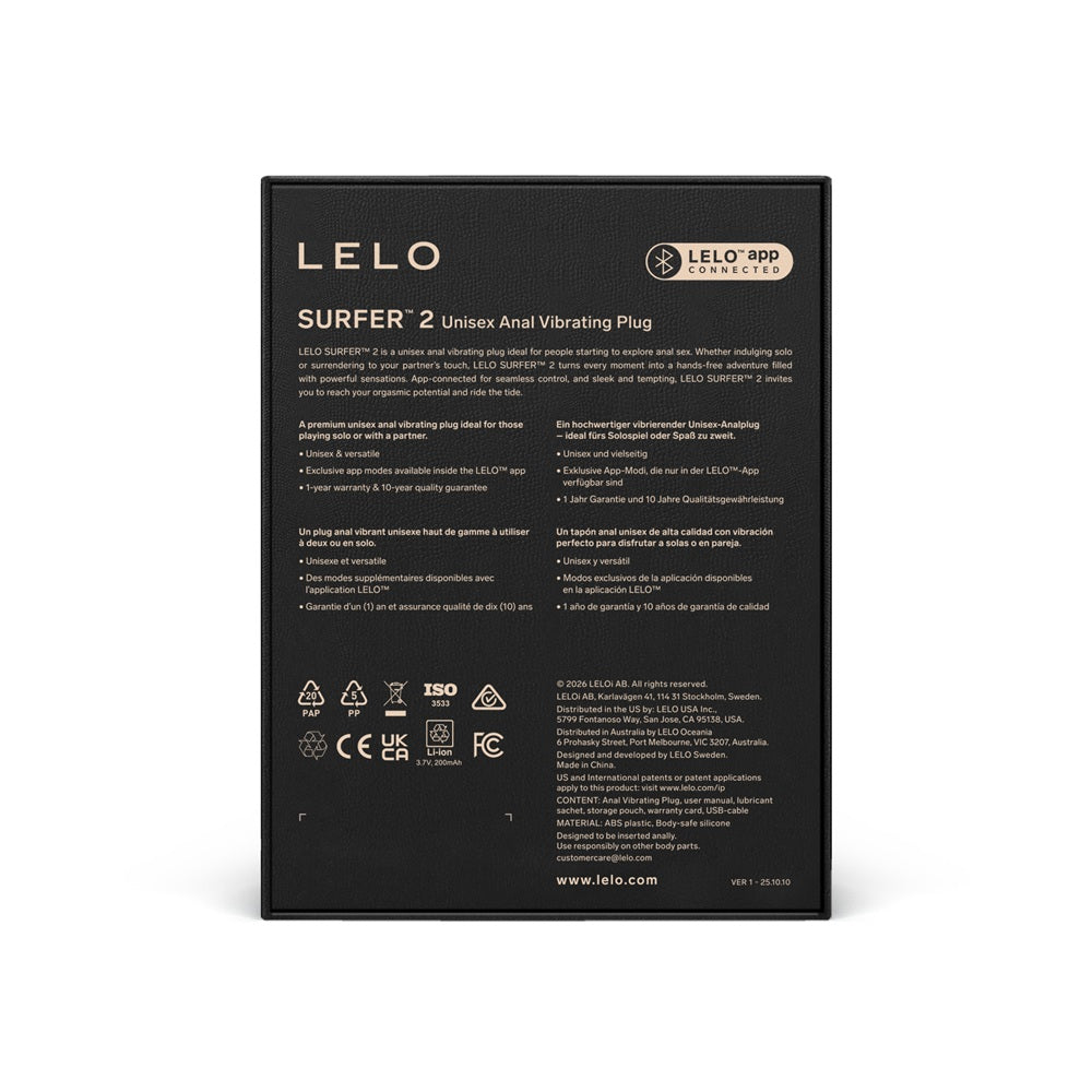 Lelo Surfer 2 – Remote-Controlled Unisex Anal Vibrating Plug - Black