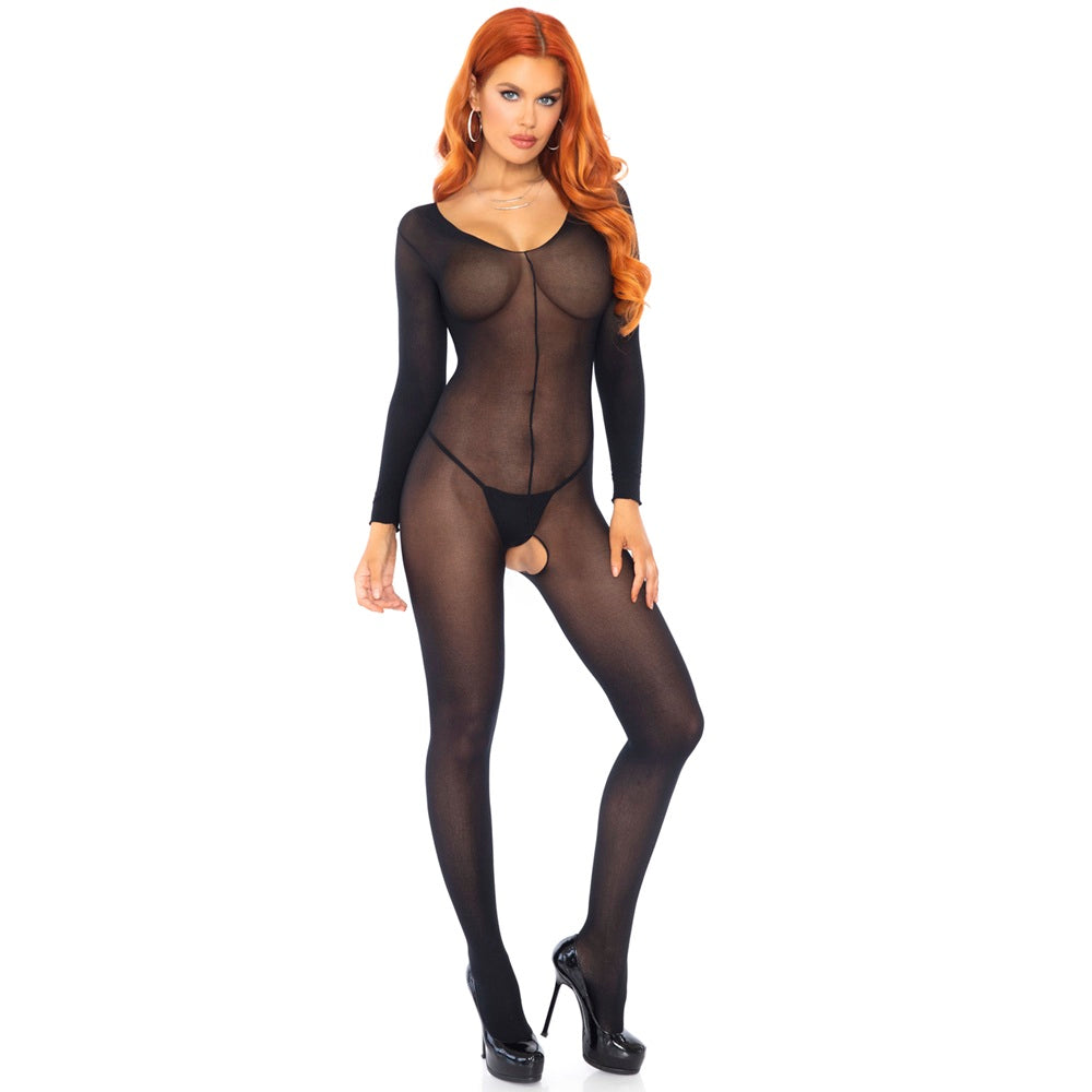 Leg Avenue Long-Sleeved Sheer Black Bodystocking One Size – Sheer Lingerie Apparel