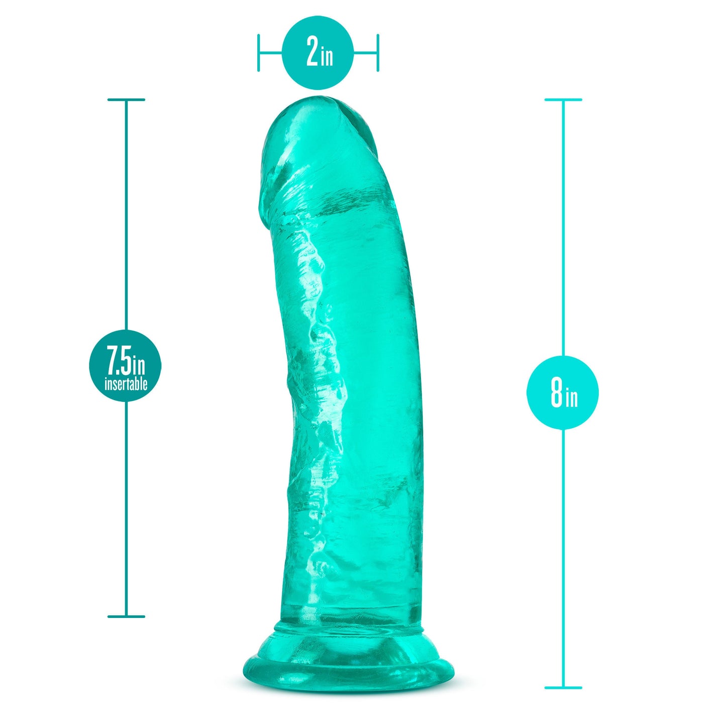 B Yours Plus Roar N Ride (Teal) – Soft Crystal Dildo 8 Inch with Suction Cup Base