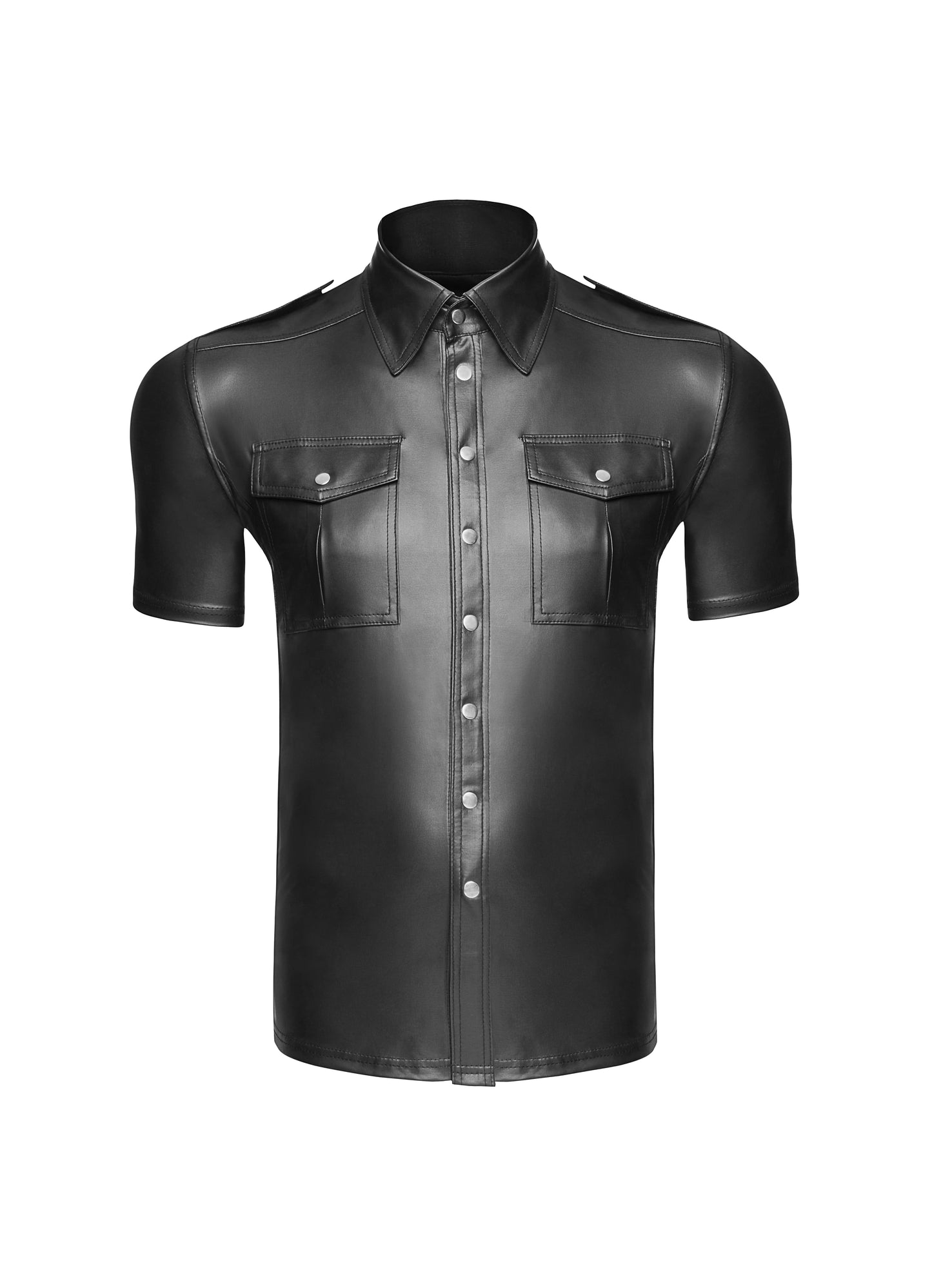 Black Wet Look Short Sleeve Shirt With Front Pockets