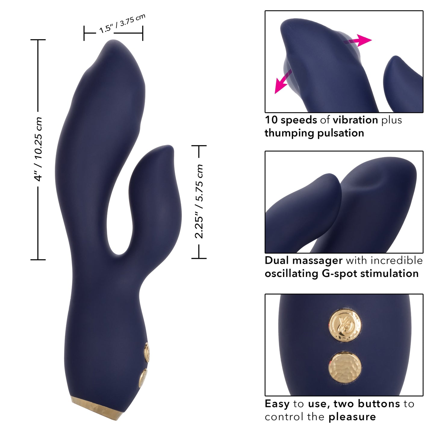 Chic Blossom Navy Blue Flexible Silicone Dual Motor Vibrator with Gold Accents, 10 Speeds, Waterproof and Rechargeable