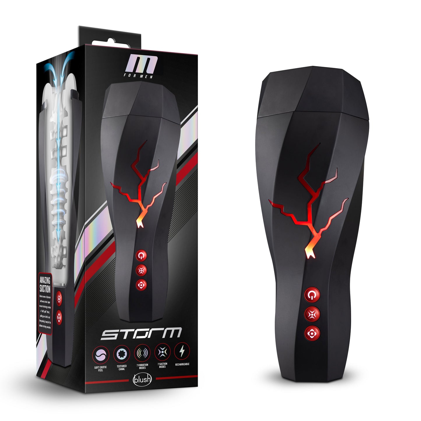 M for Men Storm (White) – Ribbed Masturbator Cup Vibrator with 7 Vibration Functions and Suction