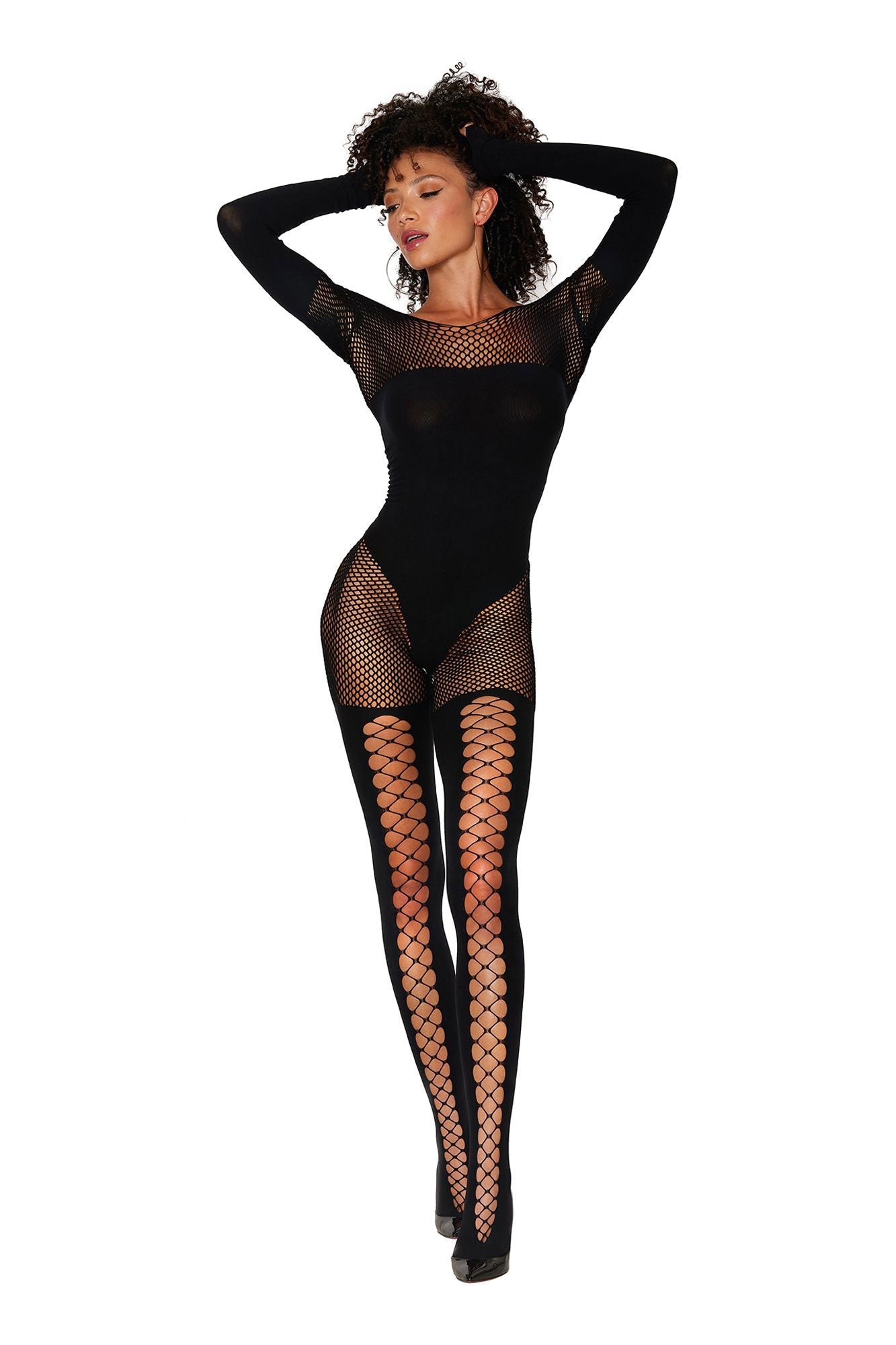 Dreamgirl Seamless Opaque and Fishnet Bodystocking Black