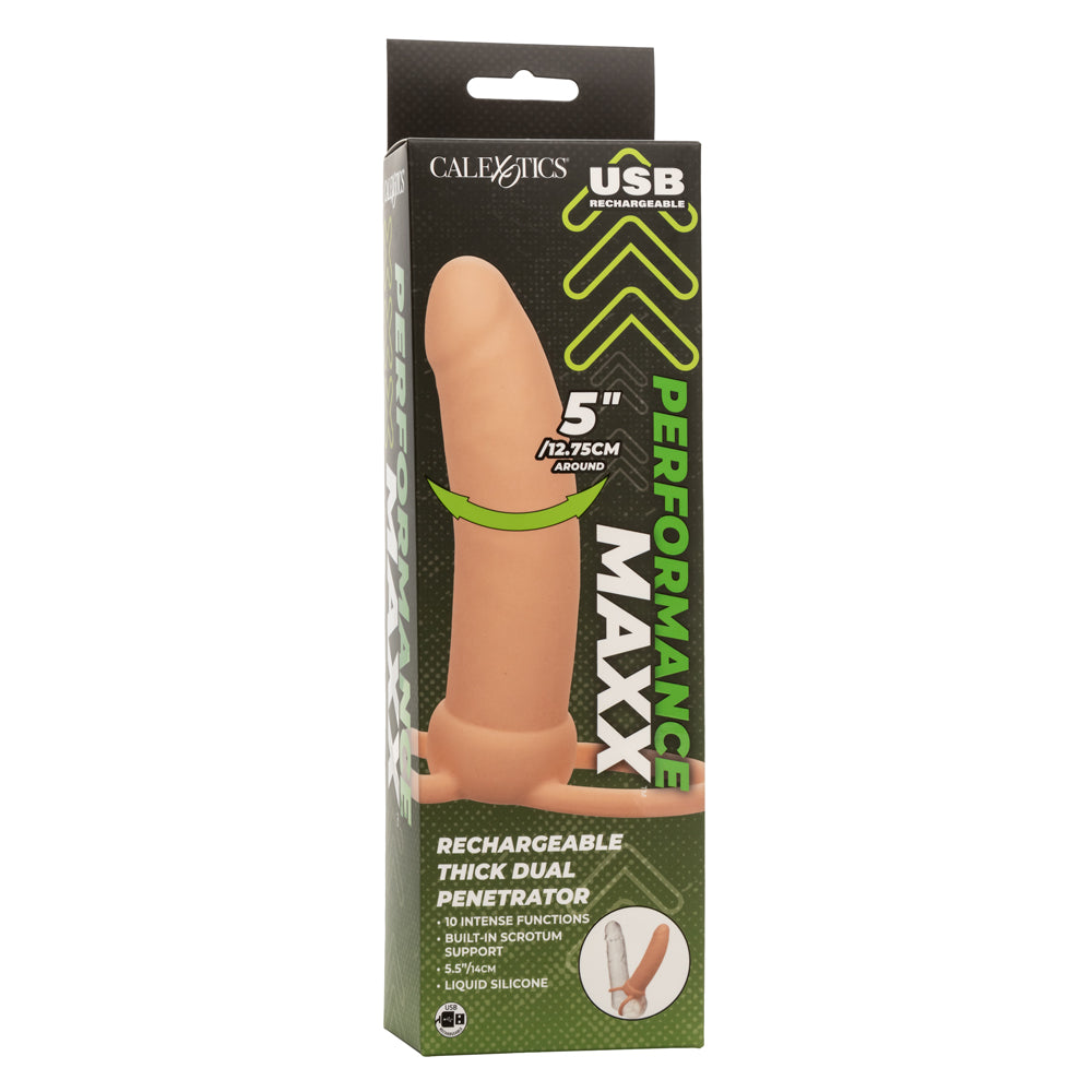 Performance Maxx Thick Dual Penetrator 5 Inch Ivory Liquid Silicone Waterproof Dual Vibrator with Scrotum Ring Rechargeable