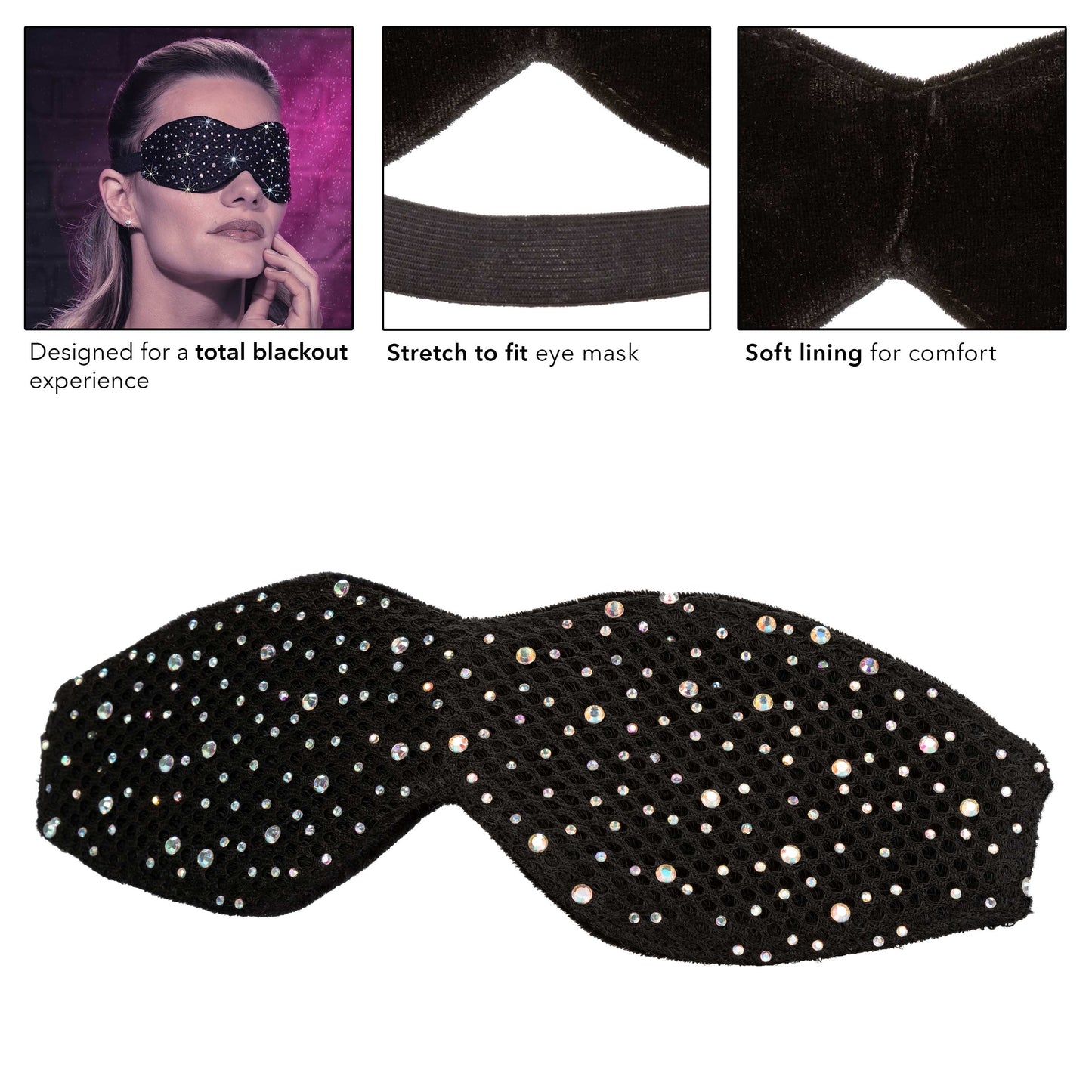 Radiance Blackout Eye Mask with Black Rhinestones and Plush Lining