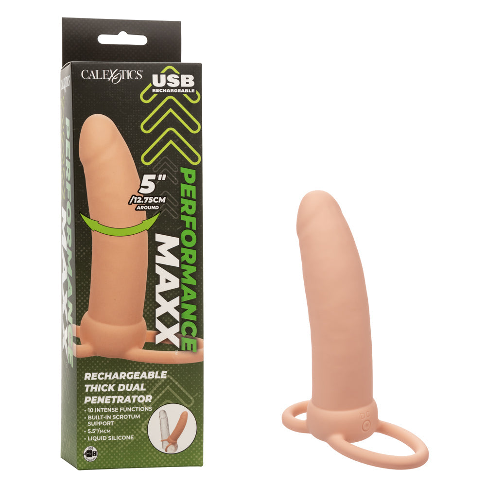 Performance Maxx Thick Dual Penetrator 5 Inch Ivory Liquid Silicone Waterproof Dual Vibrator with Scrotum Ring Rechargeable