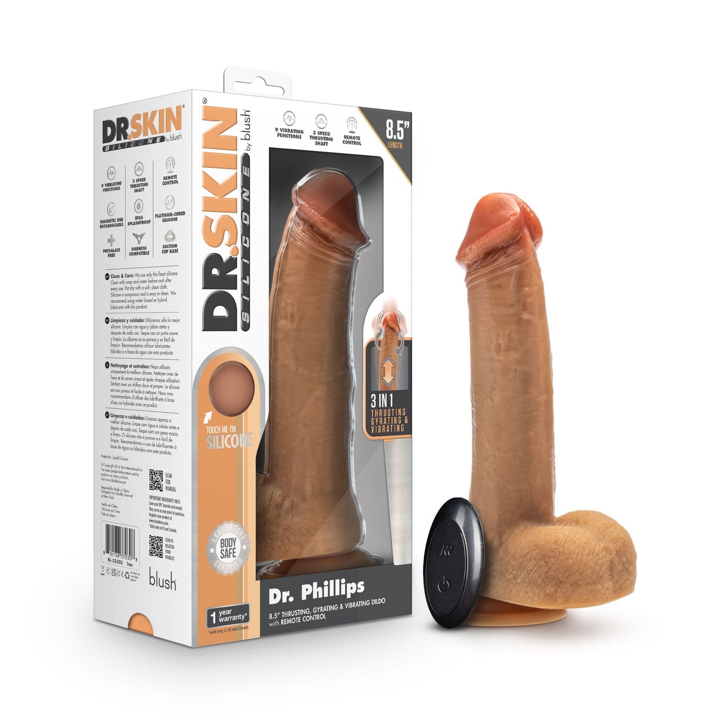 Dr Phillips 8.5 Inch Tan Silicone Thrusting Dildo with Remote