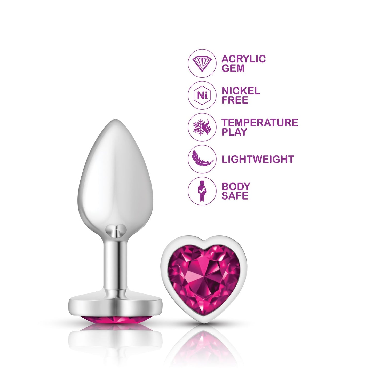 Cheeky Charms Silver Metal Butt Plug with Heart Pink Jewel Small