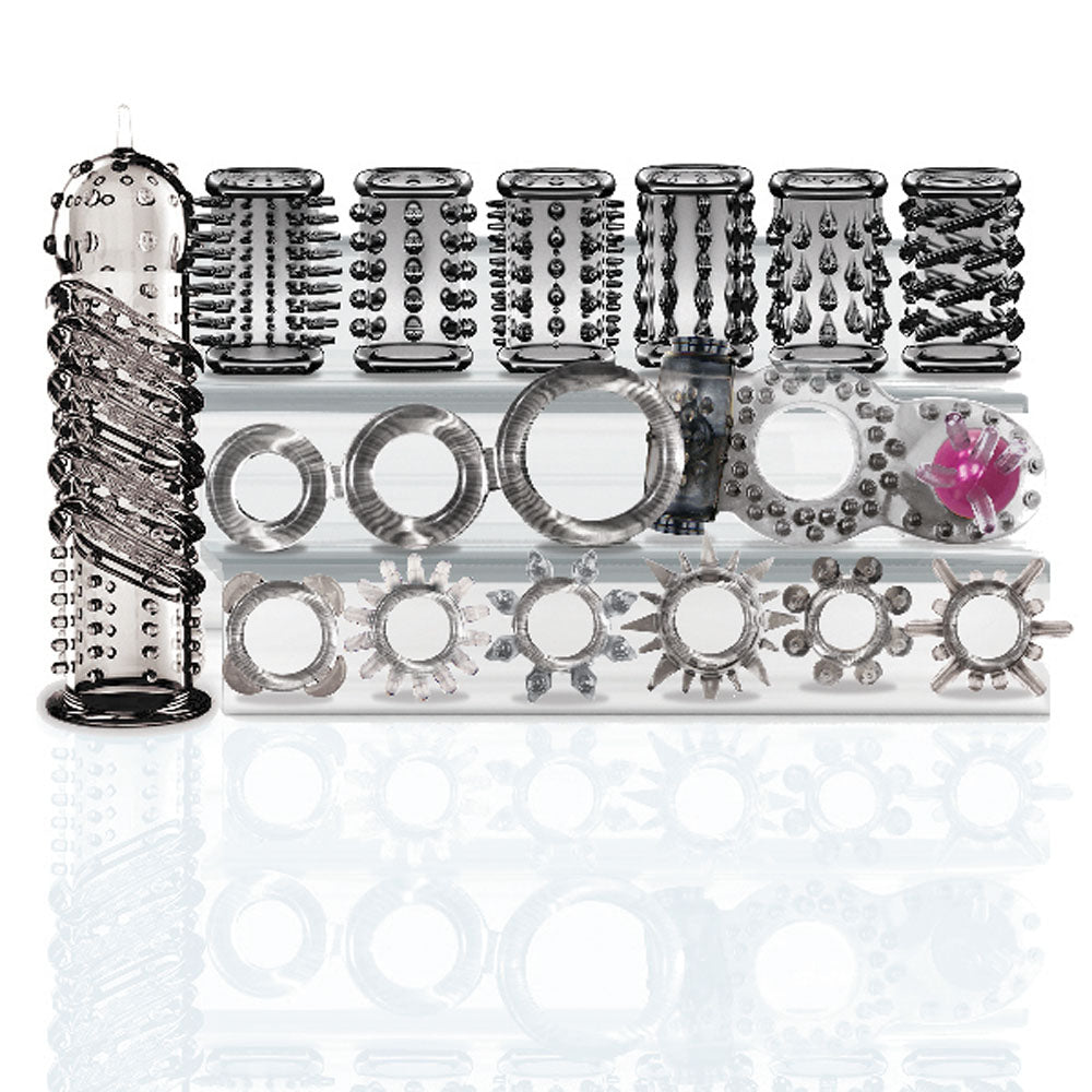 Try-Curious Cock Ring and Sleeve Set Clear – 15 Piece TPR Cock Ring and Sleeve Kit