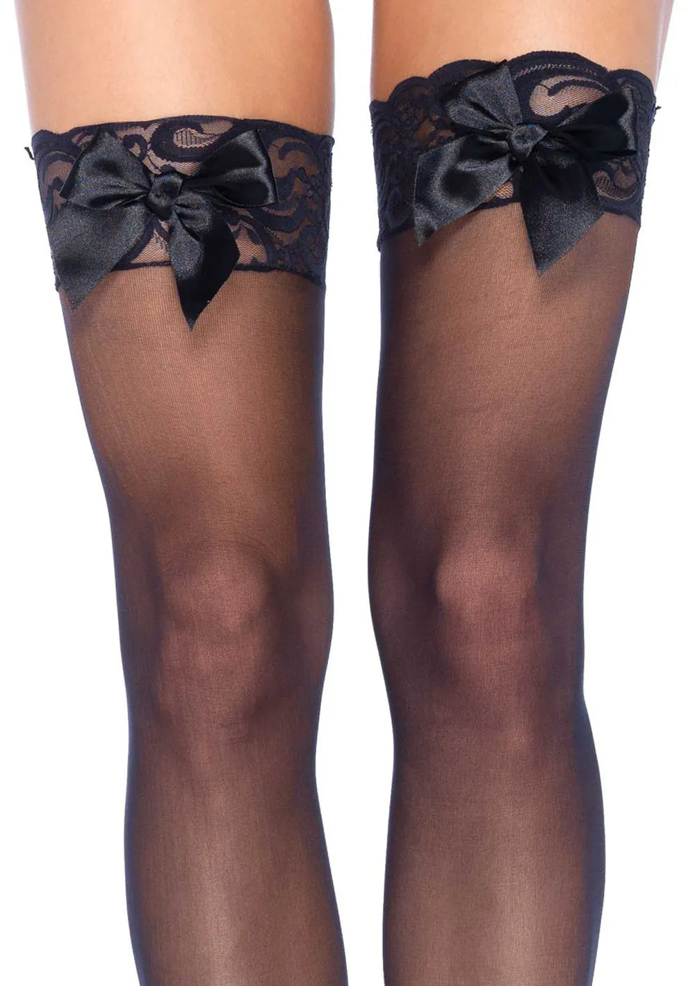 Sheer Lace Top Thigh Highs (Black) – Satin Bow Accent Lingerie