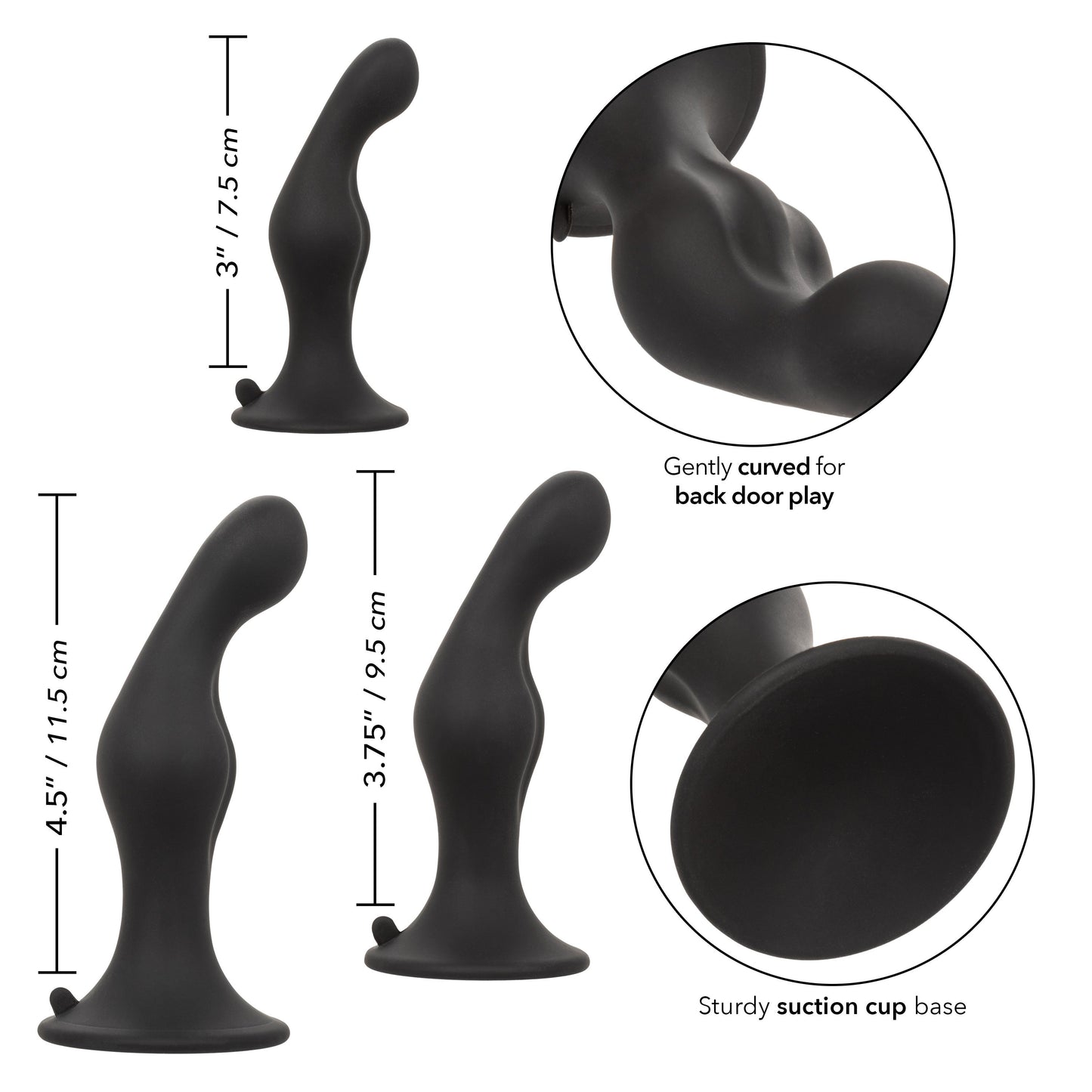 Silicone Anal Ripple Kit Set of 3 Black Graduated Curved Anal Plugs with Suction Cup Base