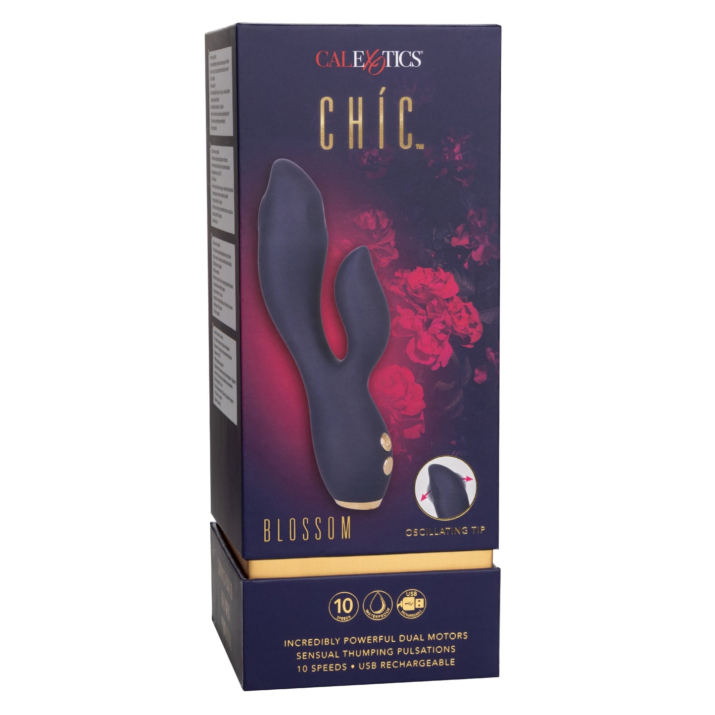 Chic Blossom Navy Blue Flexible Silicone Dual Motor Vibrator with Gold Accents, 10 Speeds, Waterproof and Rechargeable