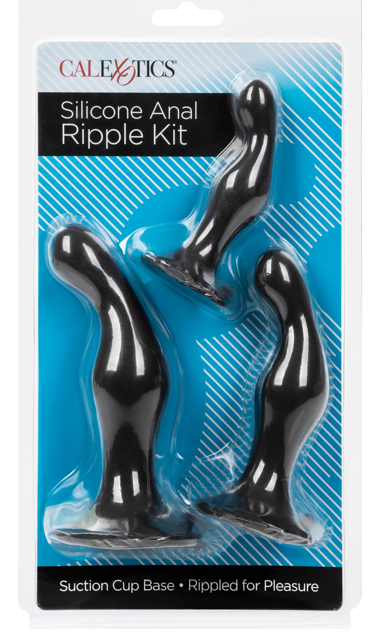 Silicone Anal Ripple Kit Set of 3 Black Graduated Curved Anal Plugs with Suction Cup Base