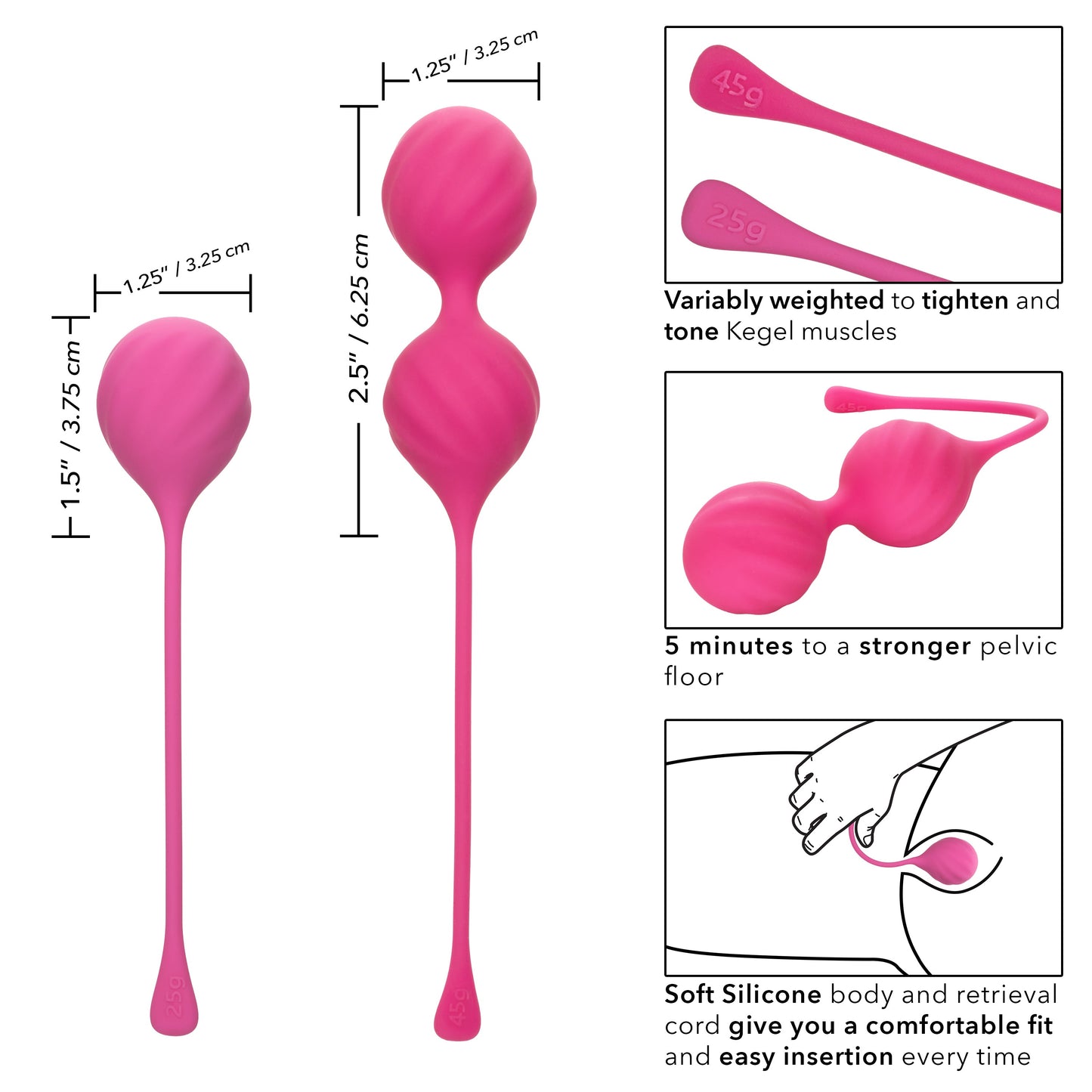 Cal Exotics Kegel Training 2-Piece Set Pink Silicone Weights 25g and 45g for Pelvic Floor Strengthening