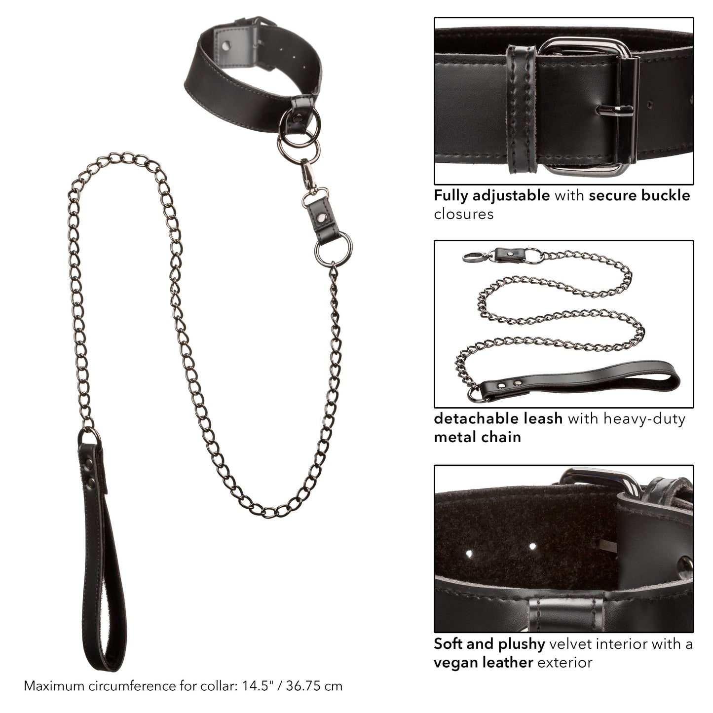 Euphoria Collection Collar With Chain Leash Black Velvet and Vegan Leather