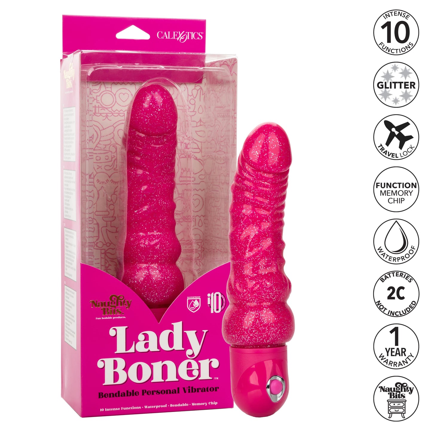 Naughty Bits Lady Boner Bendable Personal Vibrator Pink Glitter 10 Function Waterproof