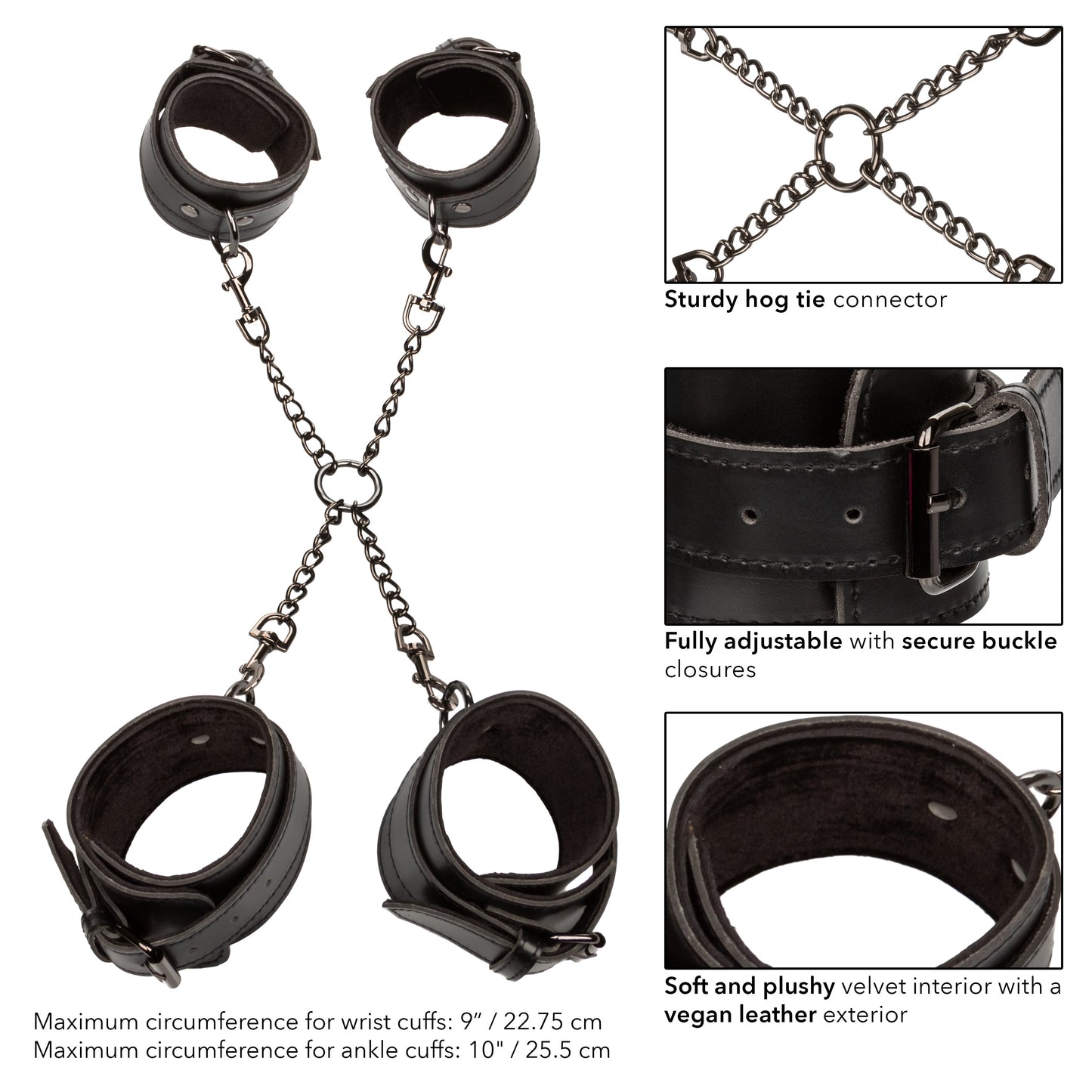 Euphoria Collection Black Hog Tie with Adjustable Velvet and Vegan Leather Cuffs, 9 to 10 Inch Circumference