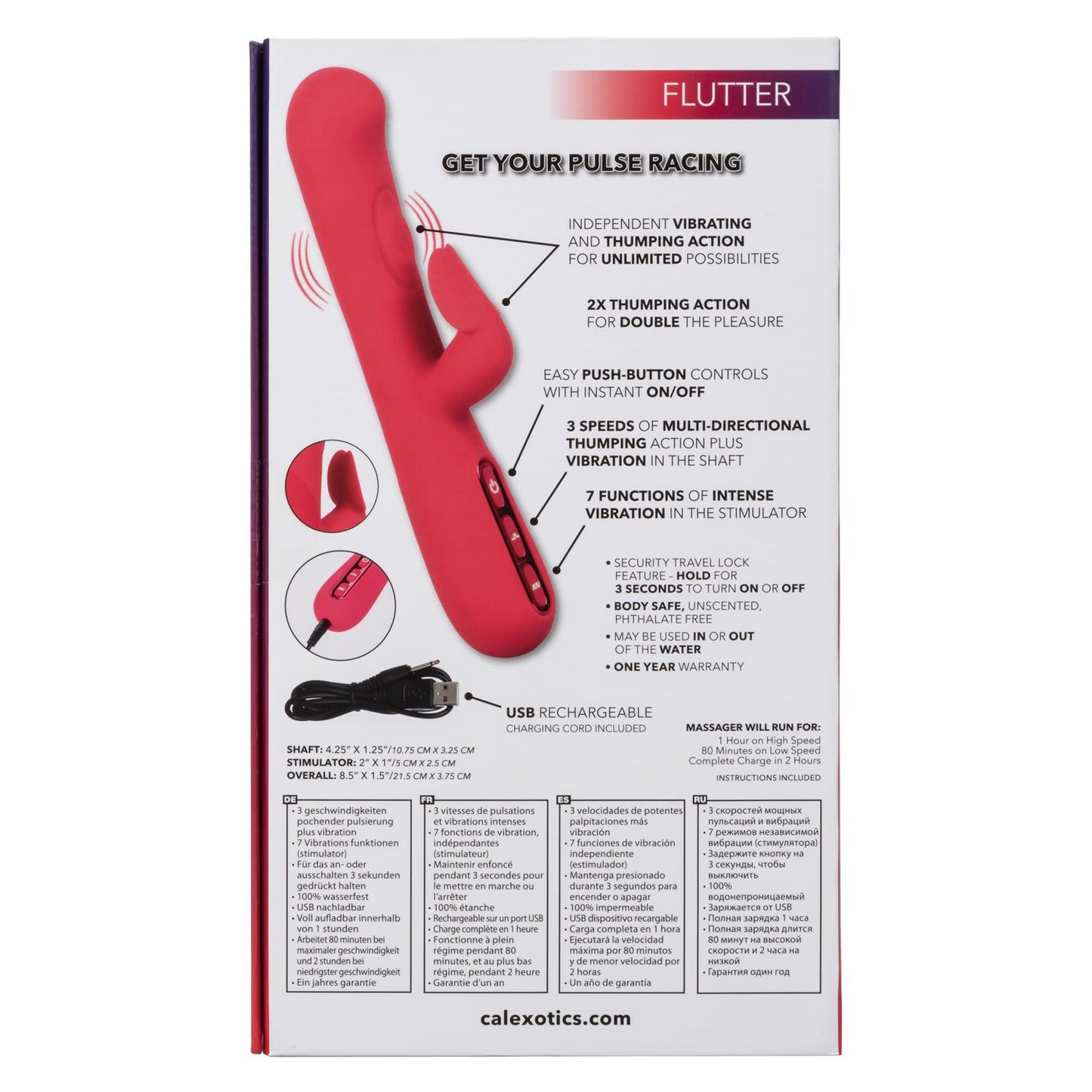 Throb Flutter Red Dual Stimulator Massager with 2x Thumping Action and 7 Vibration Functions, Silicone Waterproof Vibrator