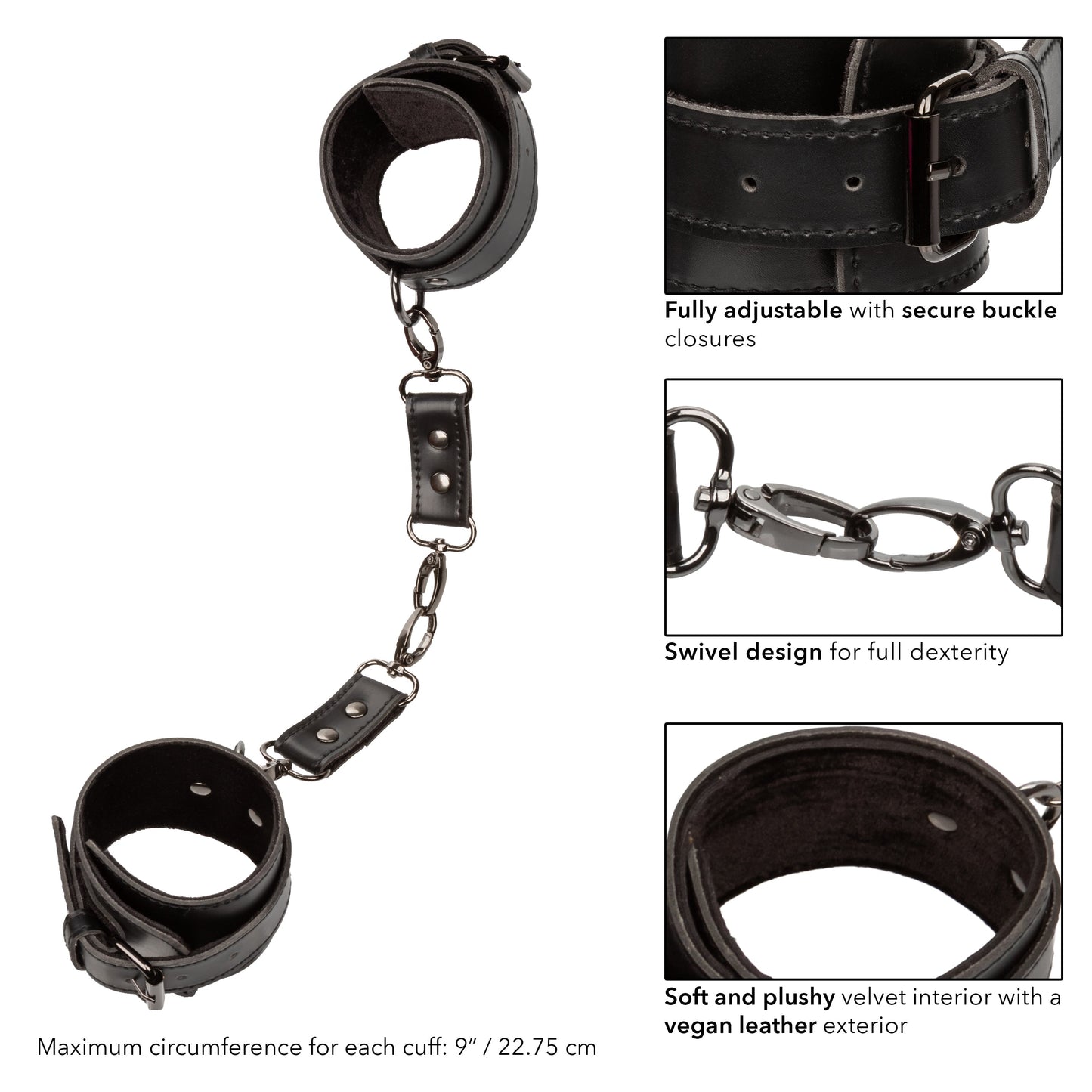 Euphoria Collection Black Adjustable Hand Cuffs with Velvet Interior and Vegan Leather Exterior