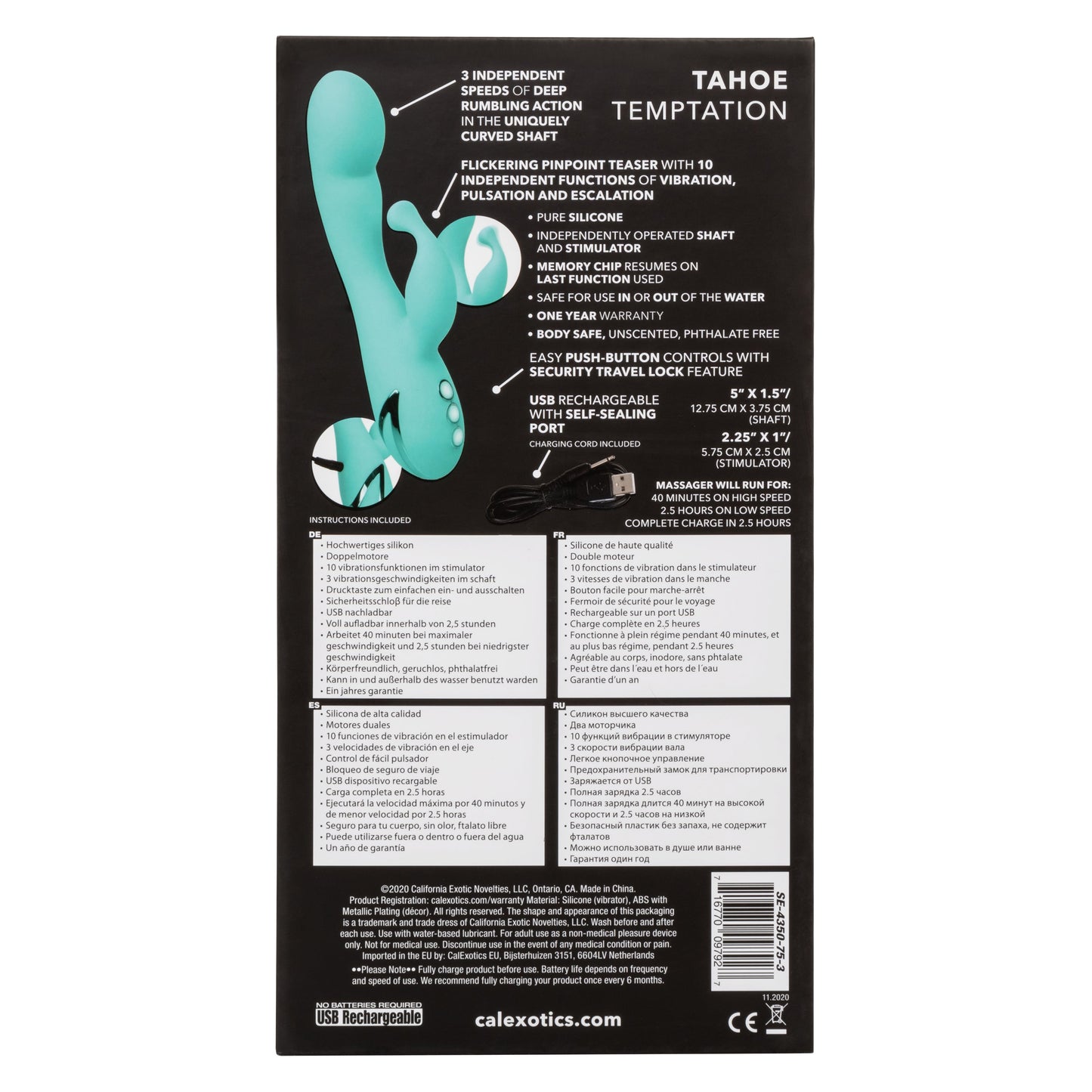California Dreaming Tahoe Temptation Silicone Massager in Aqua Blue with Dual Vibration and Pinpoint Teaser