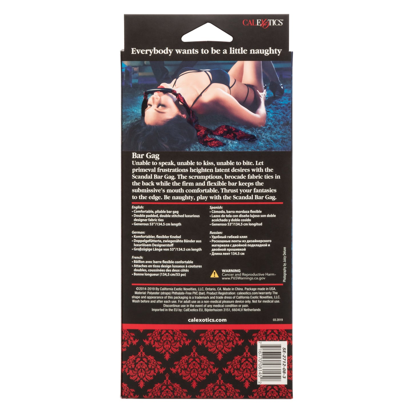 Scandal Bar Gag with Black PVC Plastic Bar and Red Black Brocade Double-Padded Strap