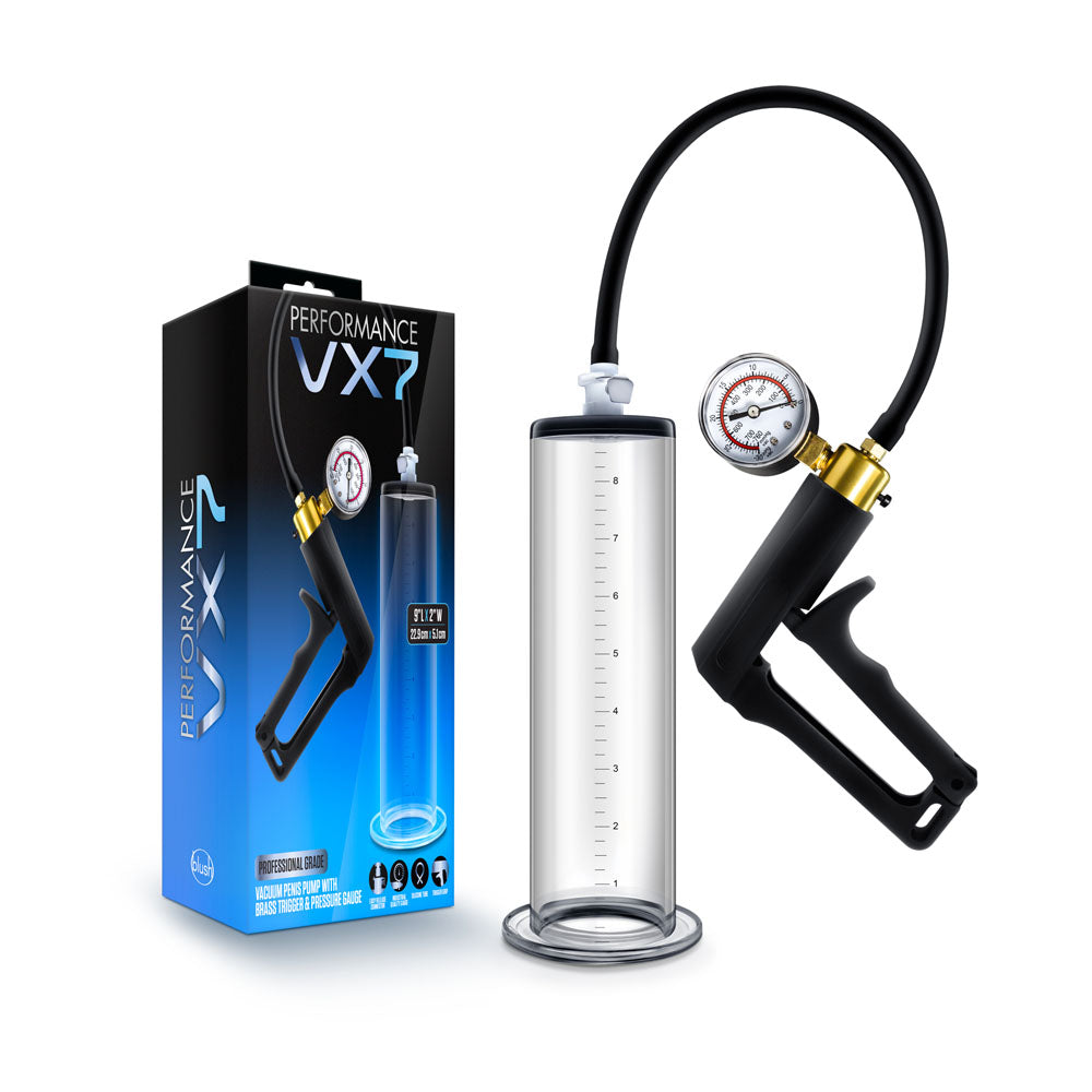 Blush Performance VX7 Vacuum Penis Pump with Brass Trigger and Pressure Gauge – Clear Penis Pump