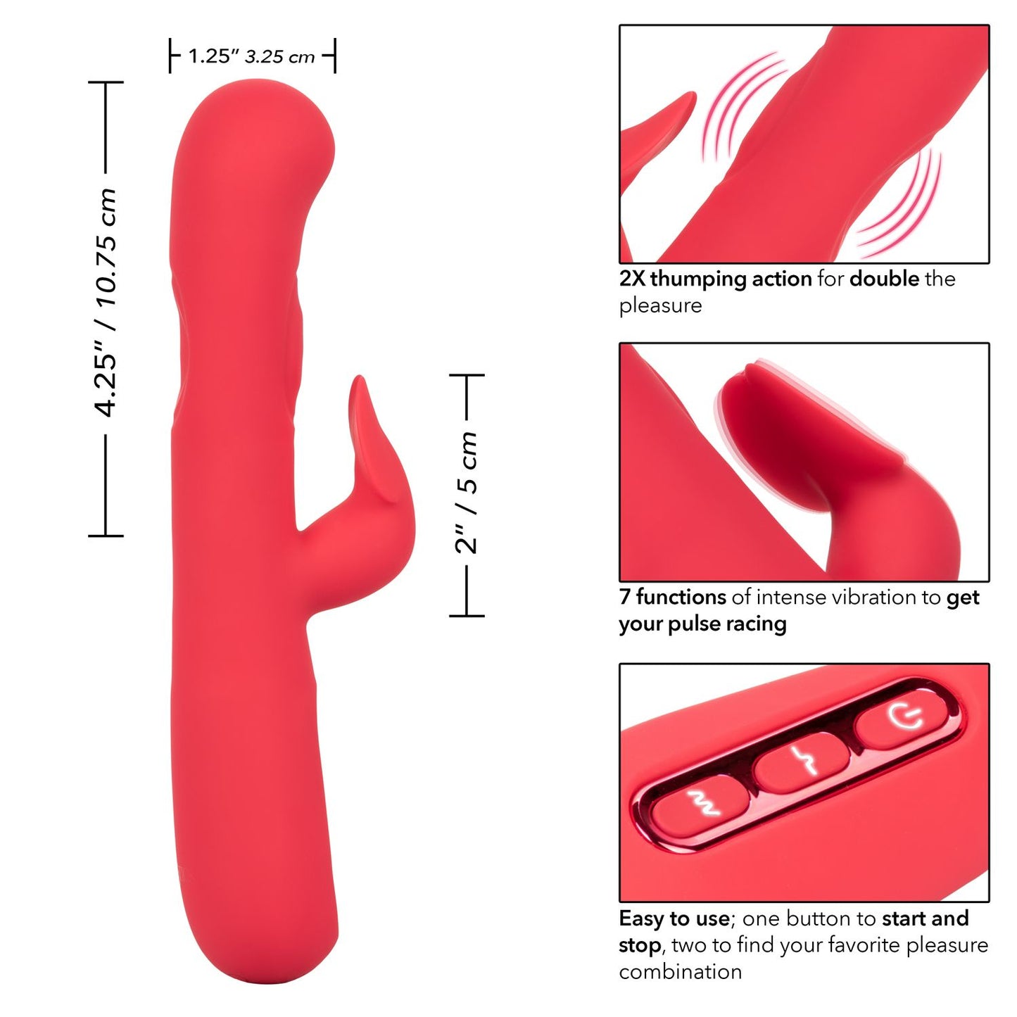 Throb Flutter Red Dual Stimulator Massager with 2x Thumping Action and 7 Vibration Functions, Silicone Waterproof Vibrator