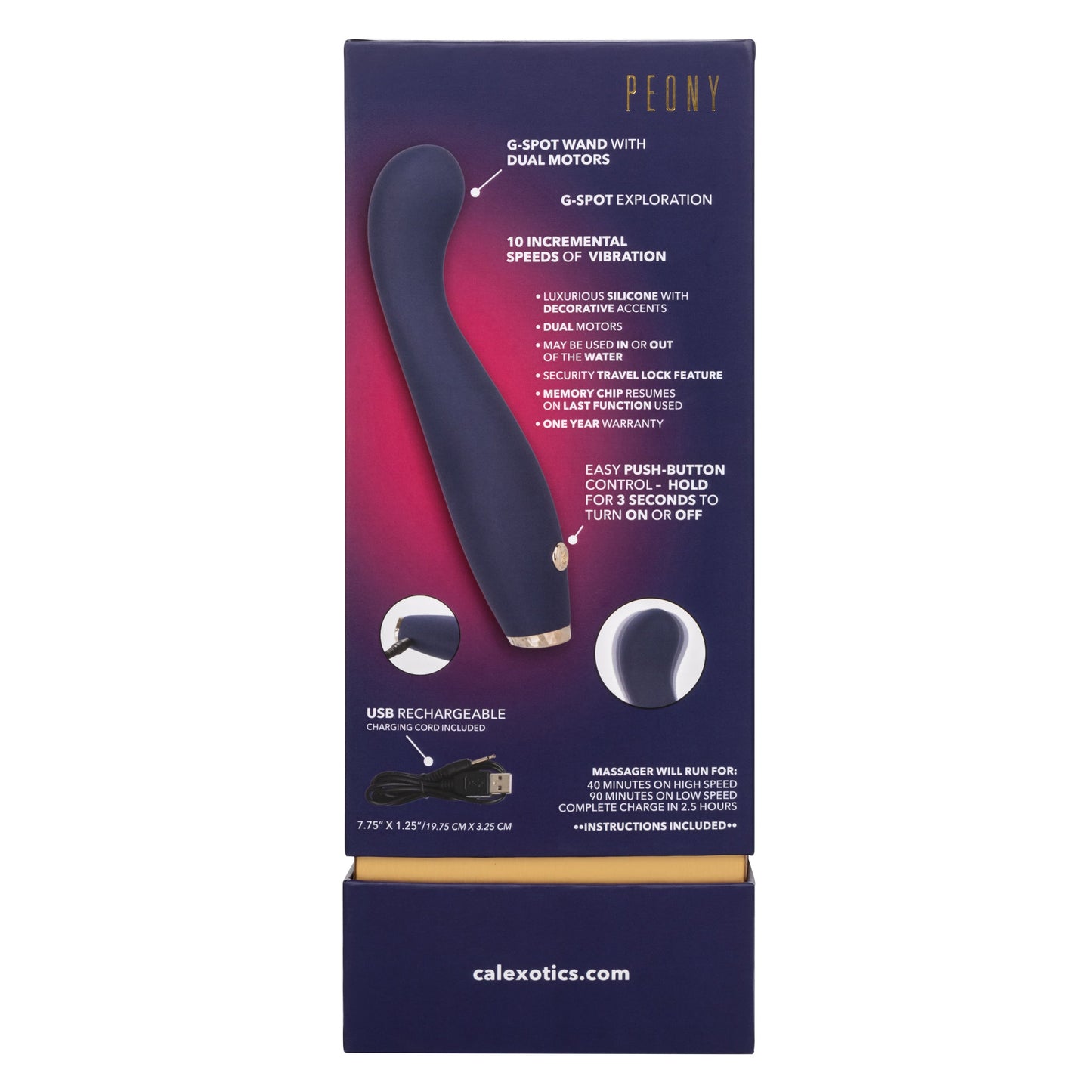 Chic Peony Flexible G-Wand Vibrator with Dual Motors, 10 Speeds, Navy Blue Silicone and Gold Accents