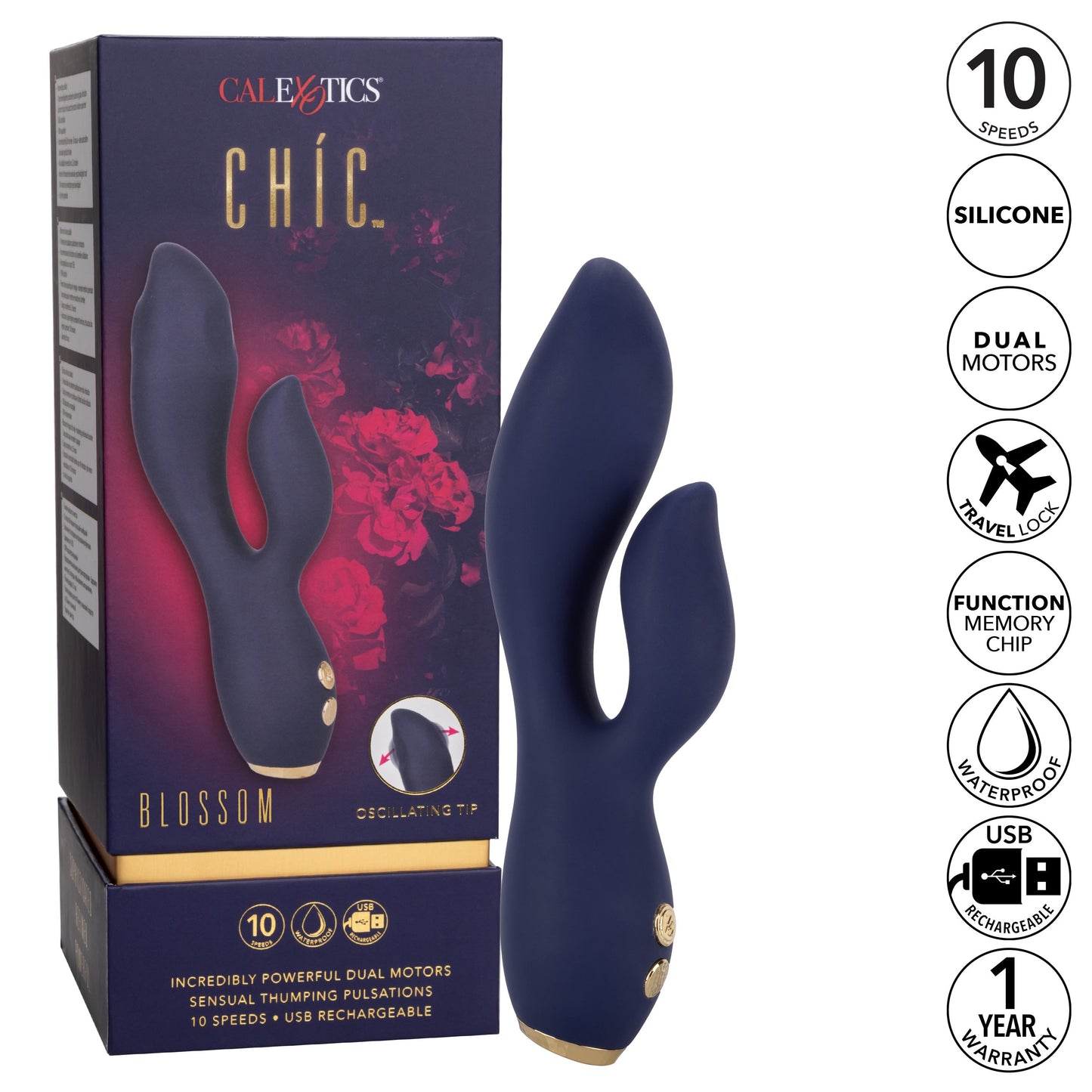 Chic Blossom Navy Blue Flexible Silicone Dual Motor Vibrator with Gold Accents, 10 Speeds, Waterproof and Rechargeable