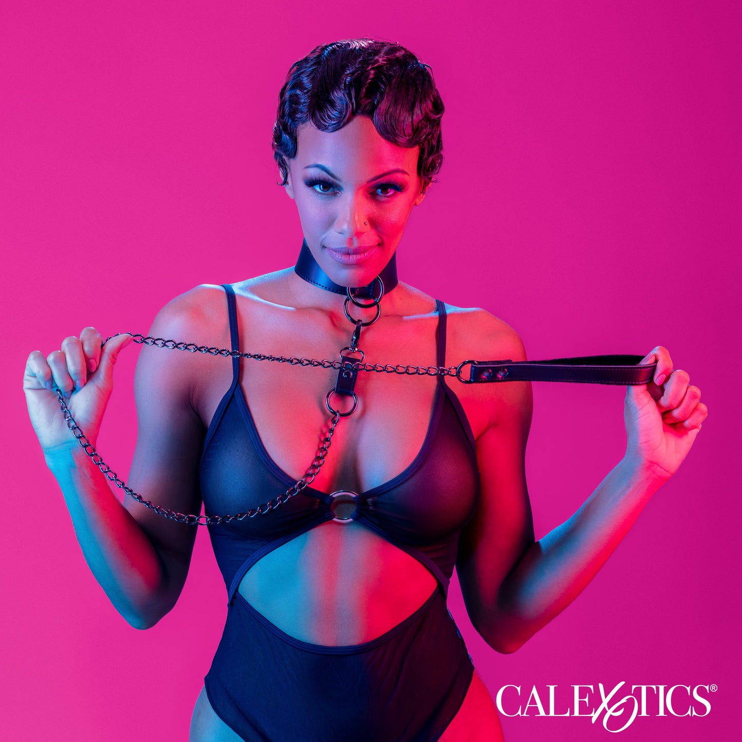 Euphoria Collection Collar With Chain Leash Black Velvet and Vegan Leather