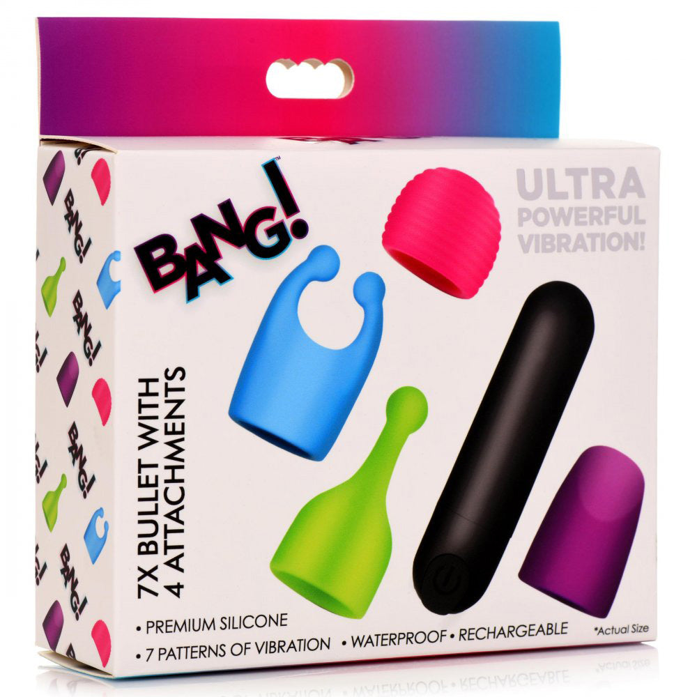 Bang! Bullet Vibrator with 4 Glow-in-the-Dark Attachments, Waterproof Silicone, 7 Vibration Patterns
