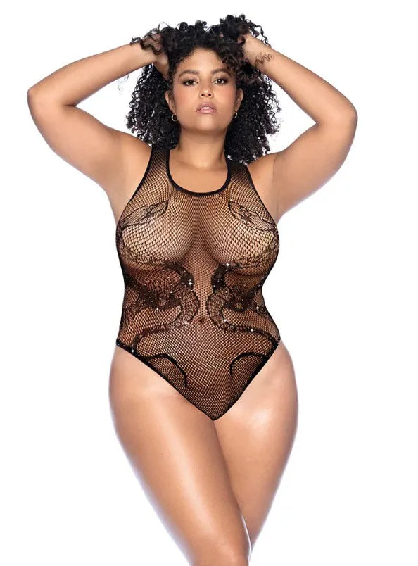 Curve Snake Fishnet Rhinestone Bodysuit (Black) – Sheer Bodysuit
