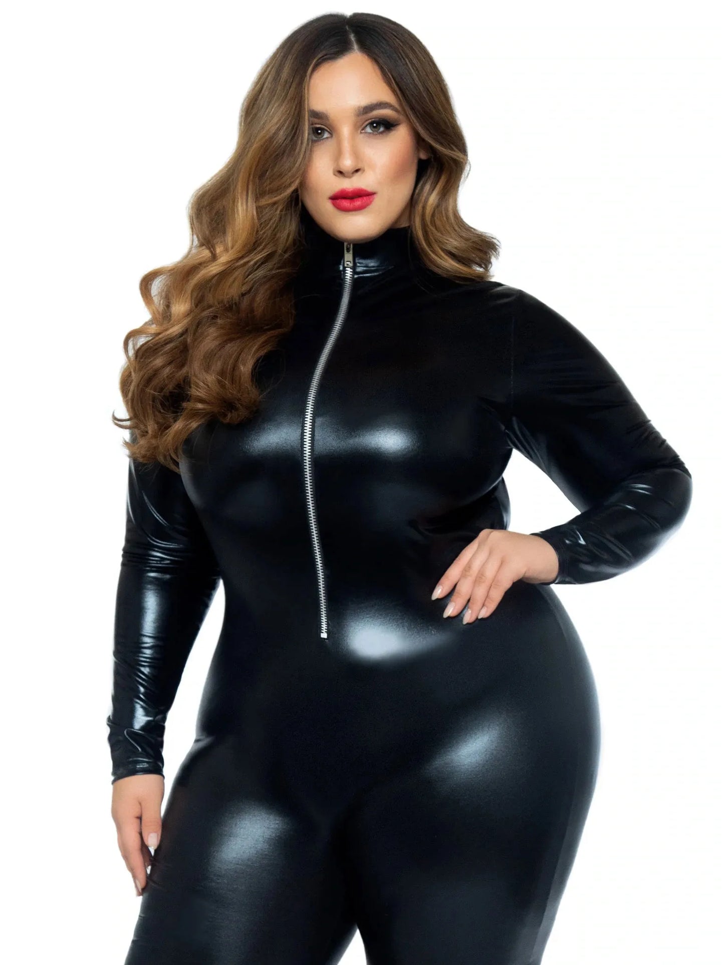Leg Avenue Lame Zipper Front Catsuit – Wet-Look Faux Leather Catsuit
