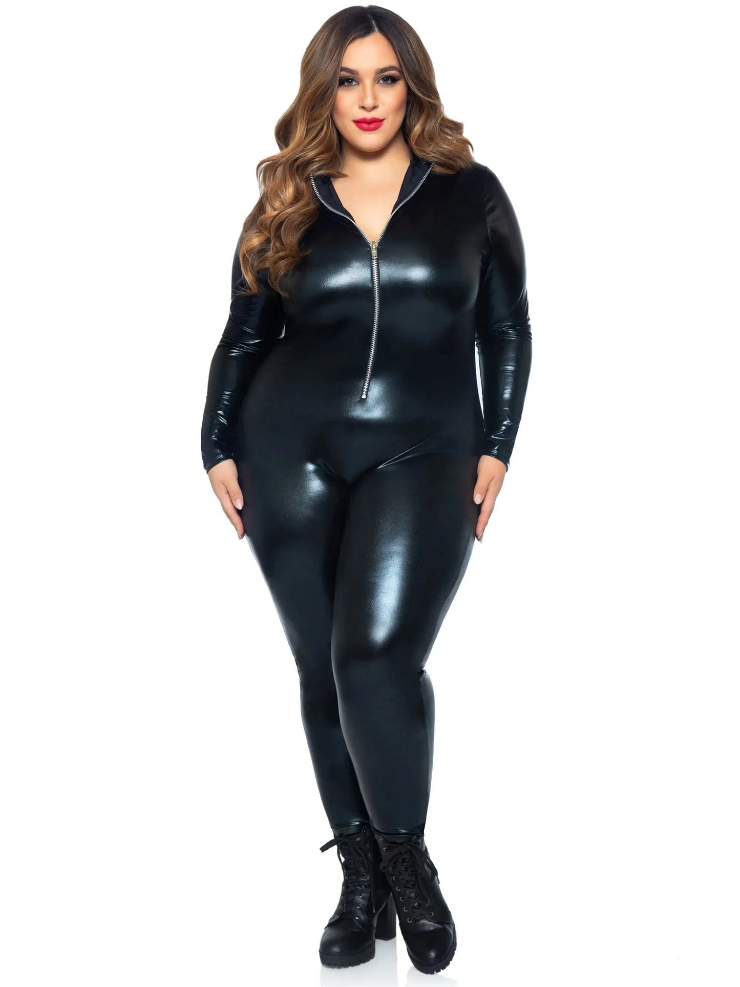 Leg Avenue Lame Zipper Front Catsuit – Wet-Look Faux Leather Catsuit